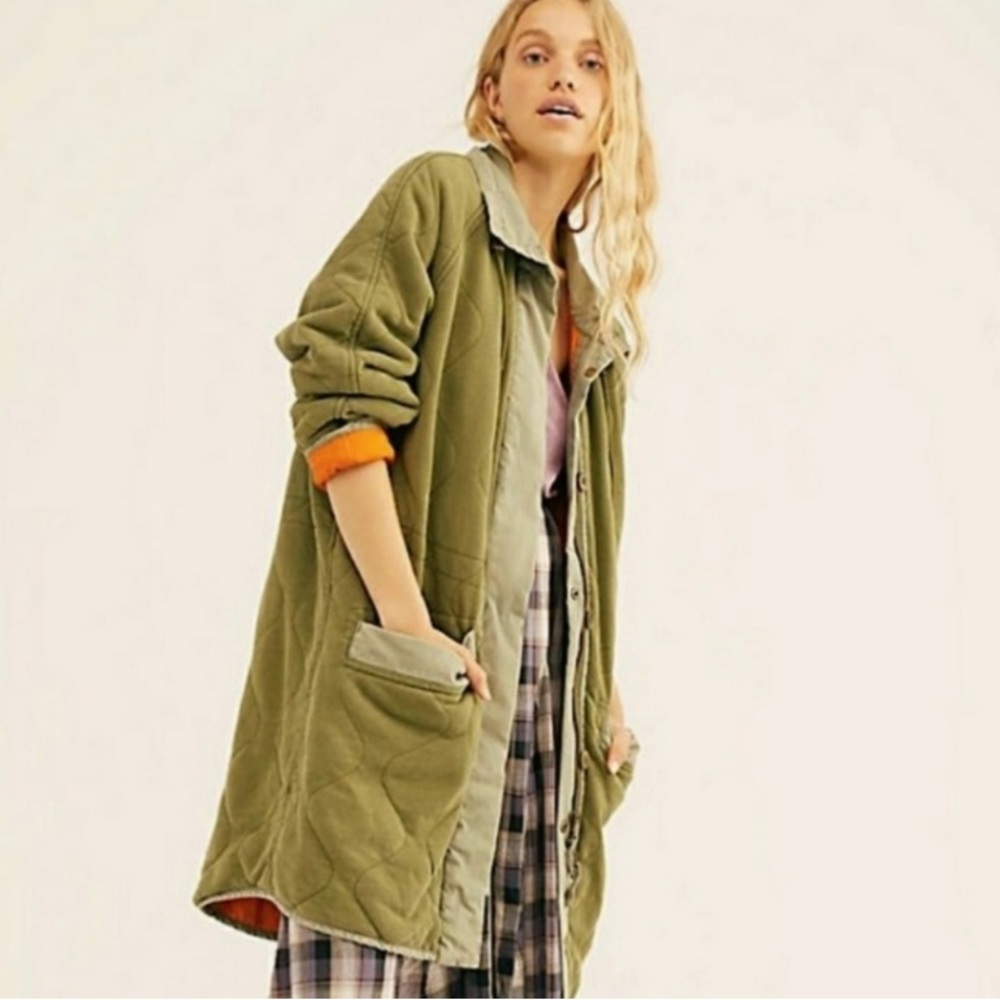 We The Free Olive Quilted Long Coat Women's Size Large